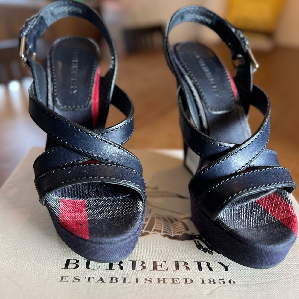 Burberry Black and Red Platform Sandals with Check Pattern
